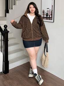 Dazy Plus Plus Size Women Casual Leopard Print Drawstring Hooded Loose Front Zip Up Sweatshirt, Autumn,Fall Women Clothes Jacket