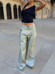 Chiquease 女士休闲宽松纯色阔腿裤，四季百搭 - 軍綠色 - 查看 4