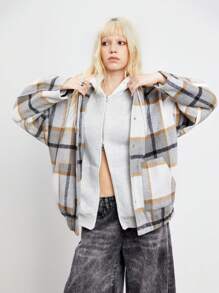 SHEIN Unity 1 件女士休闲格子立领长袖开衫夹克，简约风格，秋冬 - 彩色 - 查看 4