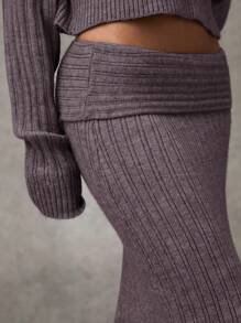 SHEIN BAE 女士纯色罗纹针织休闲裙秋季女式毛衣女式毛衣裙秋季女装冬季服装万圣节毛衣灰色翻腰毛衣长裙