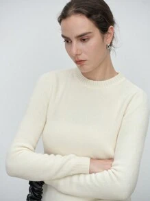 SHEIN LUNE Women's Solid Color Round Neck Long Sleeve Fitted Sweater, Autumn/Winter Knit Pullover Fall - Apricot - View 6