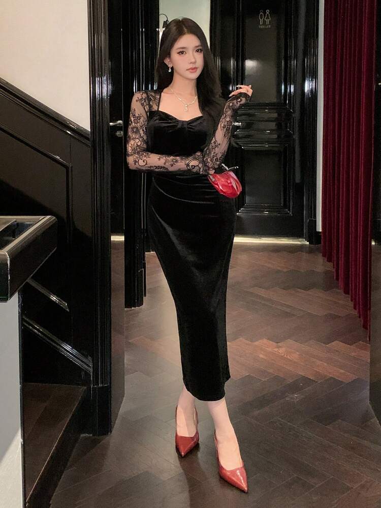 Vestido largo elegante de encaje con contraste para mujer, vestido de gala de Año Nuevo Elegante vestido de manga larga