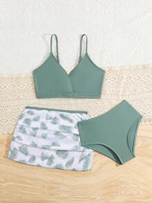 3pcs Young Girl Two-Tone Leaf Print Bikini Swimwear Set, Summer Beach - Army Green - View 3