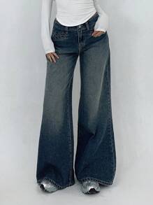 DAZY Dames Voorkant Knoop Lage Taille Flare Leg Jeans Broek, Casual Dagelijkse Kleding