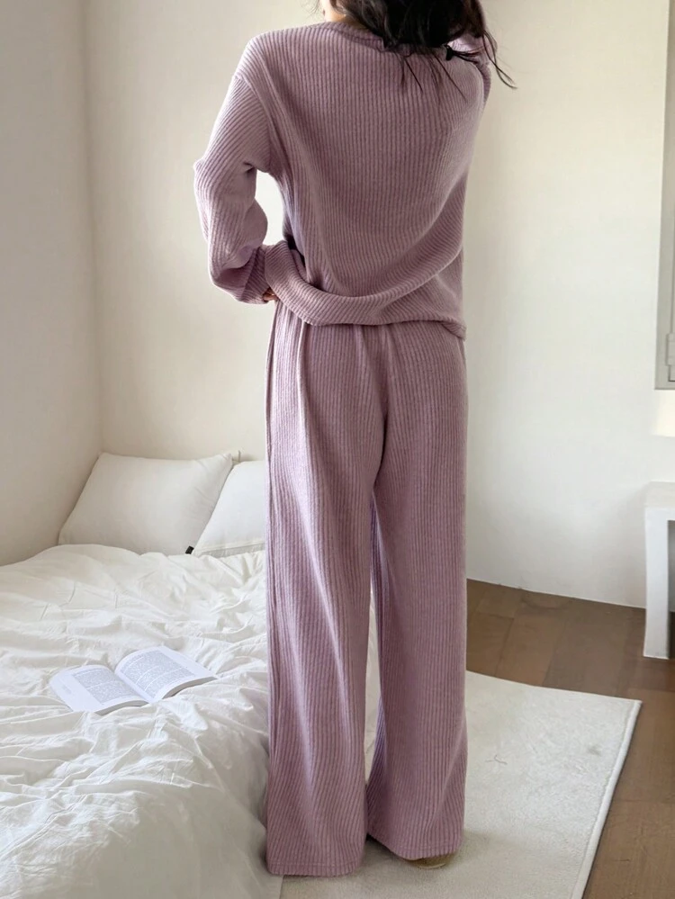 Striped Textured Fleece Top & Pants Fluffy Pajama Set, Winter, Fall Winter Clothes, Cozy