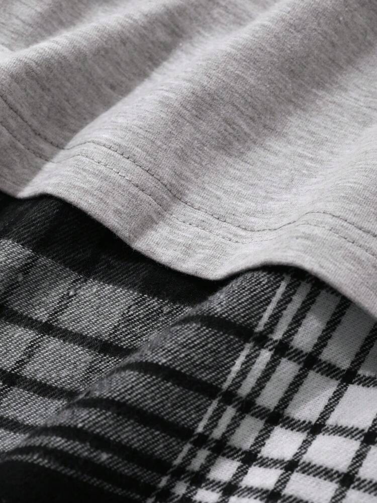 Cute Cartoon Print Contrast Raglan Sleeve Top & Plaid Loose Pants Sleepwear Pajama Set, Back To School Clothes, Fall Winter Clothes