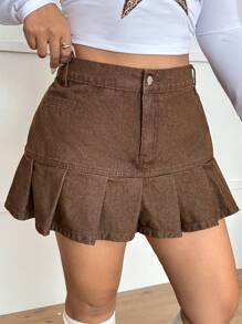 SHEIN EZwear 大码棕色修身牛仔迷你裙，休闲 - 棕色 - 查看 5