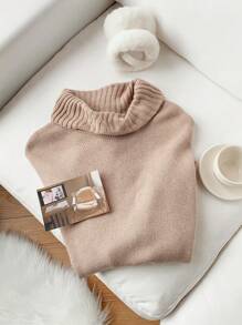 Comfortcana 女士纯色高领长袖简约毛衣，休闲日常穿着 - 卡其色 - 查看 6