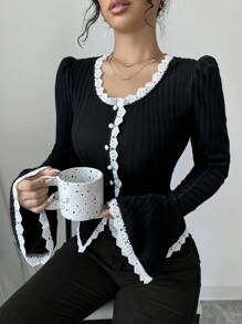 SHEIN X Angie Costa SHEIN Clasi 1pc Women Elegant Fake Collar Flare Long Sleeve T-Shirt, Casual Lace Trim Top, Black