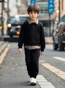SHEIN 2pcs/Set Young Boy's Casual Preppy Style Outfit, Featuring Unique Black Plaid Splice Top Paired With Black Pants.