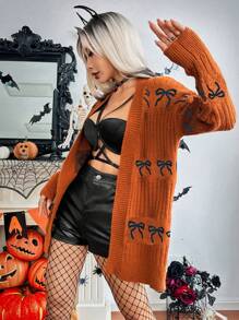 Chiquease Casual Ribbed Bow Decor Cardigan, Autumn/Winter - Coffee Brown - View 3