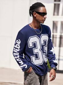 Manfinity Dauomo Men's Casual Letter Numeral Printed Pullover Sweatshirt, For Autumn - Blue - View 3