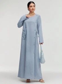 Graceveil Women's Solid Color Round Neck Long Sleeve Buttoned Side Belted Long Arabian Dress Modest - Blue - View 1