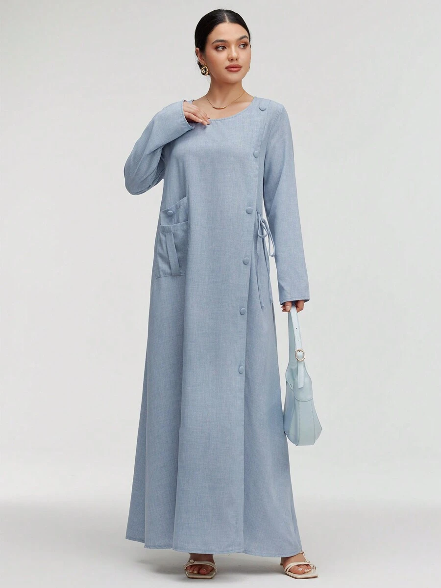 Graceveil Women's Solid Color Round Neck Long Sleeve Buttoned Side Belted Long Arabian Dress Modest - Blue - View 1