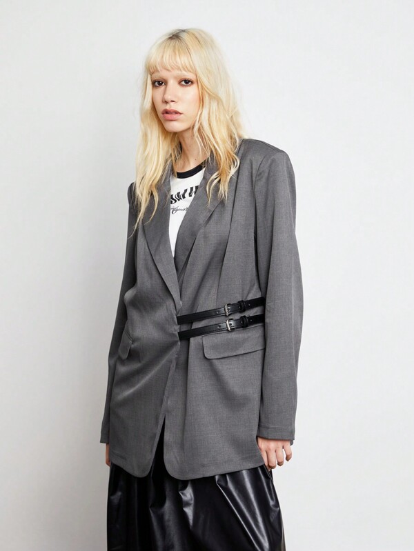 TRNVIE 1buc Gri Office Chic PU Panel Design Blazer de costum largi pentru femei, stil business sirena, toamna/iarna