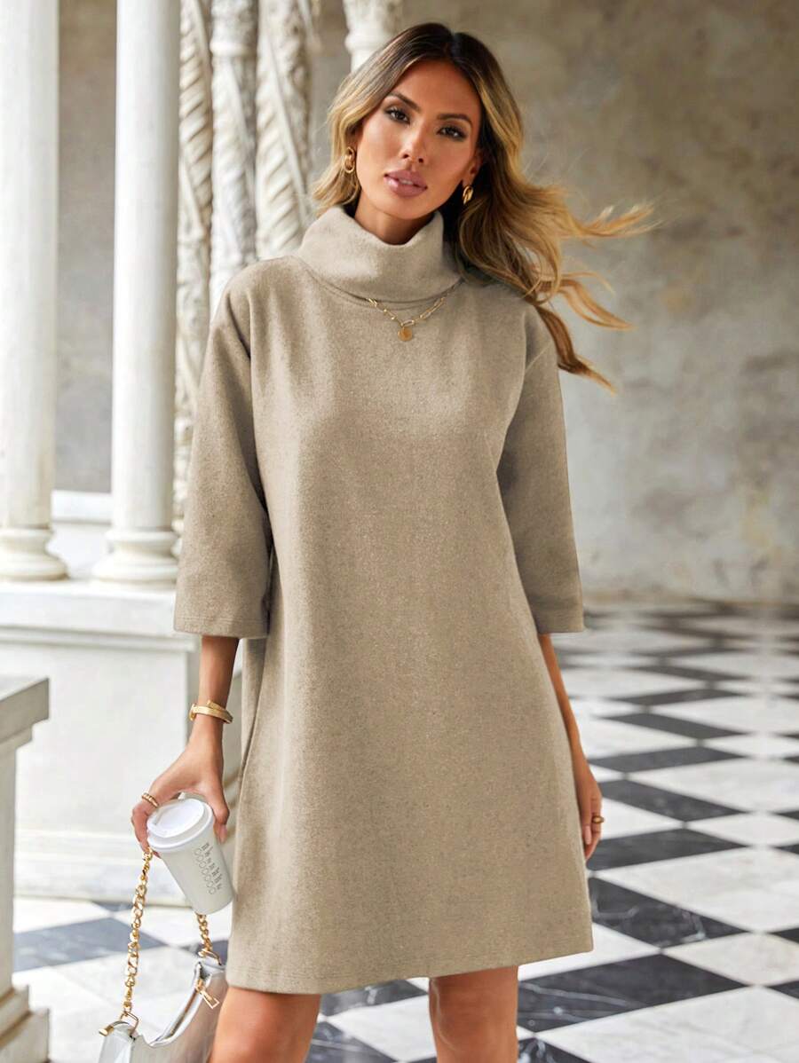 Cloudara Ladies' Solid Color High-necked Long Dress - Beige - View 1