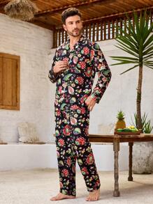 Manfinity ChillVibe Men's Full Floral Print Lapel Collar Button Up Long Sleeve Shirt And Pants Sleepwear Set - Rose Red - View 7