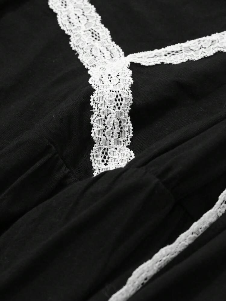 1set Women Two-Tone Lace Patchwork Cami Dress And Robe Sleepwear Set Pajama