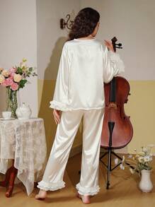 Côtesoire Ladies' Solid Color Ruffle Hem Sleepwear Pajama Set With Decorative Trim, White Set Holiday Season, Fall Winter Clothes - White - View 2
