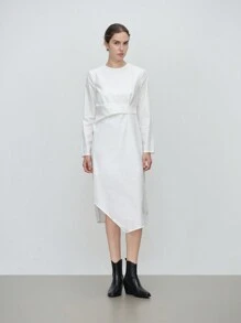 SHEIN LUNE 休闲白色不对称褶饰下摆长袖连衣裙 - 黑色 - 查看 3