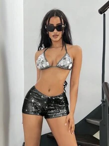 SHEIN ICON Women Y2K Music Festival Summer Low-Rise Sparkly Fashionable Party Clubwear Shorts - Black - View 6