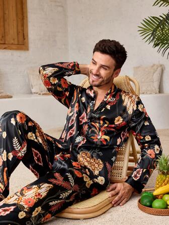 Manfinity ChillVibe Floral Print Front Button Down Long Sleeve Top And Pants Pajama Set