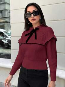 SHEIN Femmes pull à manches longues avec col lavallière froufrou, empiècement patchwork avec garniture à volants, automne/hiver - Rouge foncé - Voir 3