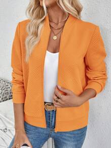 SHEIN LUNE Casual Khaki Jacquard Knit Jacket, Suitable For Commuting - Orange - View 1