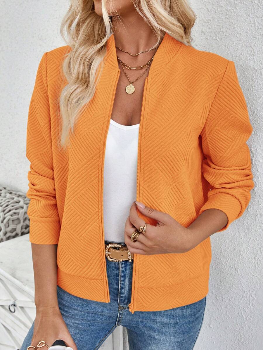 SHEIN LUNE Casual Khaki Jacquard Knit Jacket, Suitable For Commuting - Orange - View 1