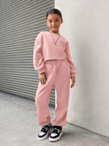 SHEIN Tween Girl Loose Solid Retro Cropped Crew Neck Hoodie And Sweatpants Casual 2 Pieces Set