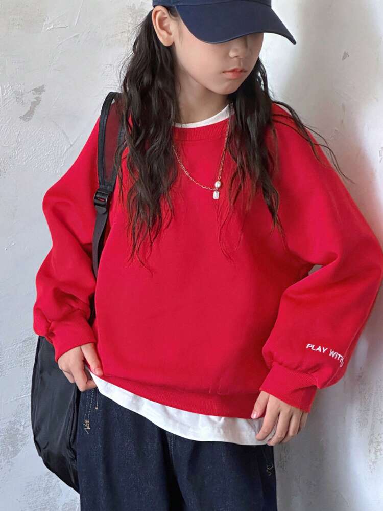 Tween Girls Crew Neck Knit Fleece Sweatshirt With Letter Embroidery, Fall,Winter