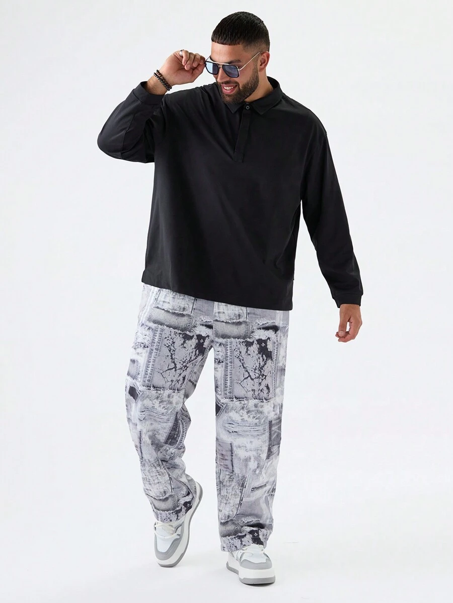 Manfinity VCAY Camisa polo de manga larga estilo casual de color liso para hombres de talla grande, para salir en otoño