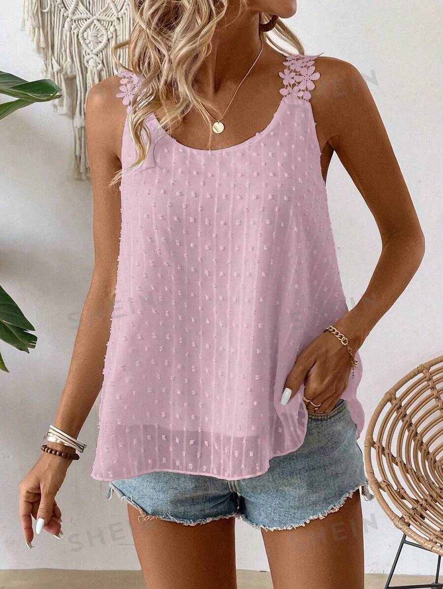 EMERY ROSE Camiseta sin mangas de mujer de unicolor casual, con estampado de puntos suizos y tirantes de encaje soluble en agua, para verano