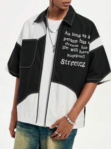 Manfinity VCAY Camisa de manga corta casual de hombre con impresión de eslogan, hombros caídos, suelta y de tejido, para verano y uso casual. Camisa ancha de bloques de color y letras