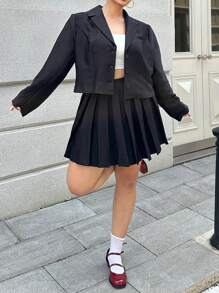 Flirla Plus Size Suit Collar Placket Pleated Skirt 2 Pieces Set Workwear & Date Outfit, Black Fall Cloth For Women - Black - View 6