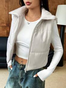 Muchica Men's Solid Color Front Zipper Sleeveless Minimalist Casual Padded Coat - Beige - View 4