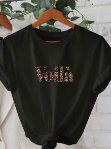 SHEIN Essnce Casual Oversized Voila Leopard Print Graphic Round Neck Short Sleeve T-Shirt For Women, Contains 34% Cotton, Summer