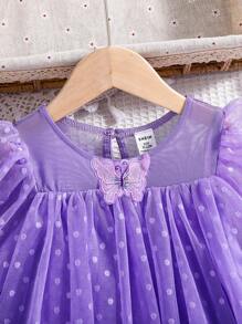 女婴 3D 刺绣蝴蝶结前褶边长袖波尔卡圆点提花网眼紫蝴蝶公主生日派对连衣裙，春/夏/秋季