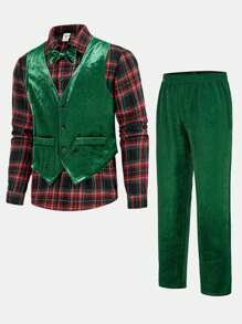 3pcs Tween Boy Christmas Green Velvet Vest, Shirt, And Pants Clothes Set, Gentleman Style Suitable For Holiday Party, School And Formal Occasions