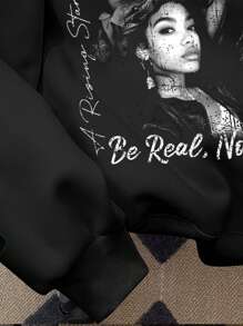 SHEIN 少女休闲简约个性化黑白女性肖像图案超大连帽卫衣，适合秋冬季 - 黑色 - 查看 4