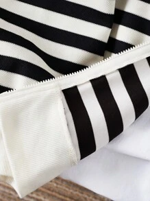 SHEIN Casual Black & White Striped Zip-Up Sweatshirt, Suitable For Teen Boys Autumn/Winter Outings And Kindergarten - Black and White - View 6