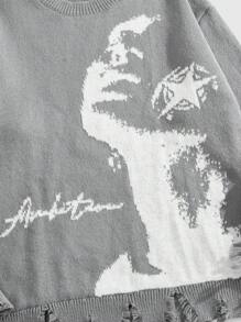 ROMWE MEN Grunge Punk 男士休闲圆领字母图案做旧套头毛衣，适合秋冬季节，长袖上衣