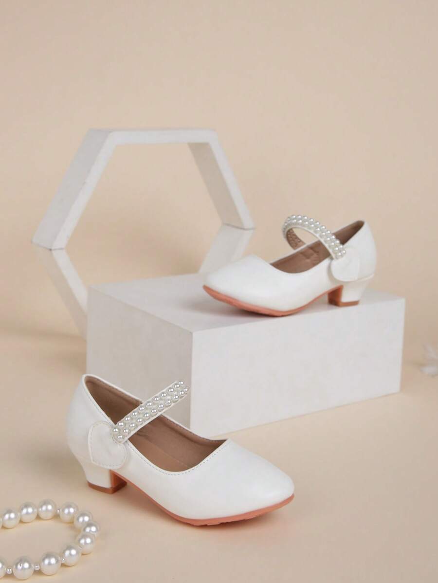 1pair Girls High Heel Flats Princess Leather Shoes, Suitable For Spring & Autumn - White - View 1