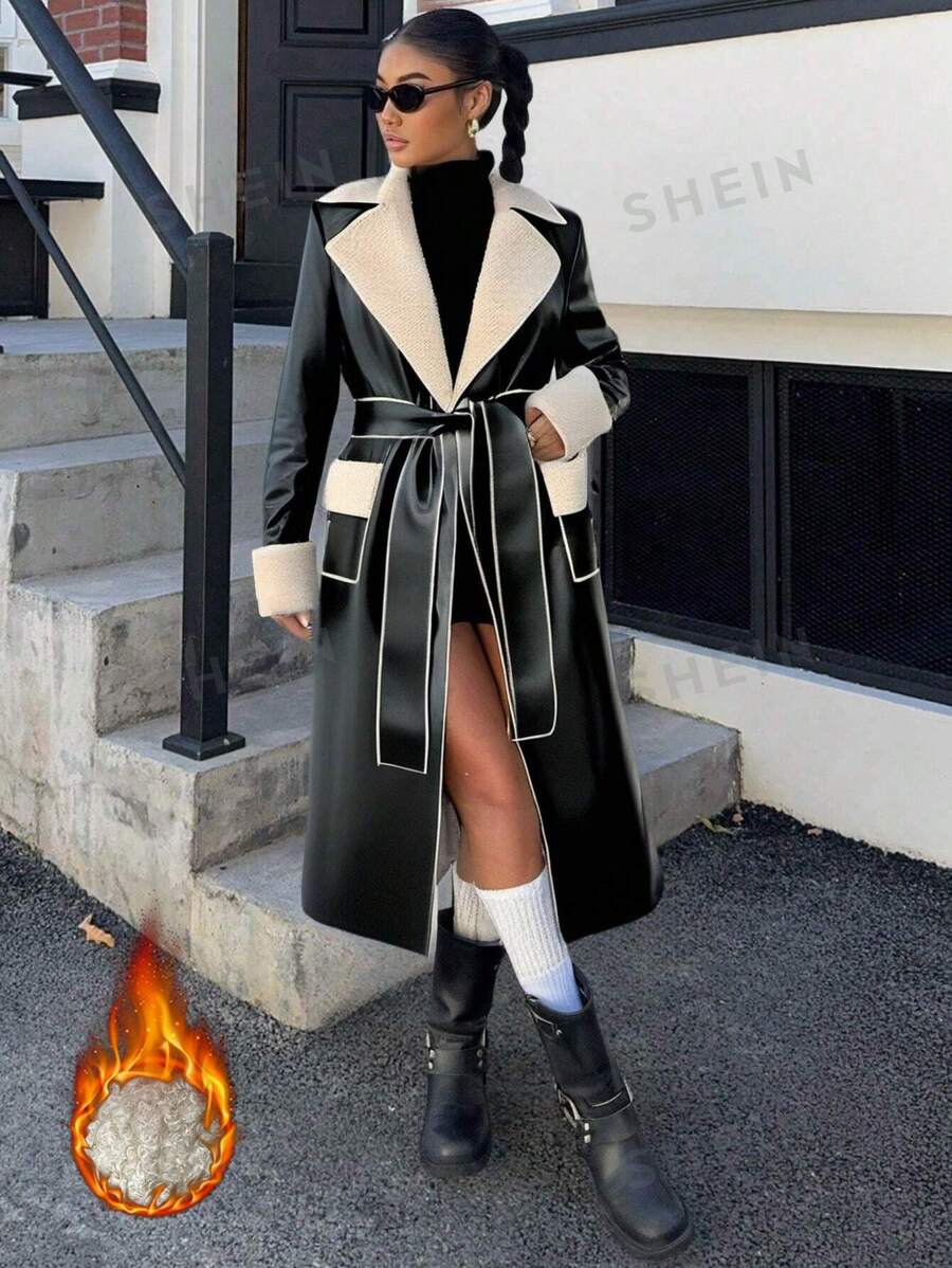 Flirla Chaqueta de mujer casual con bolsillo, panel esponjoso y ribete de contraste de manga larga para otoño e invierno