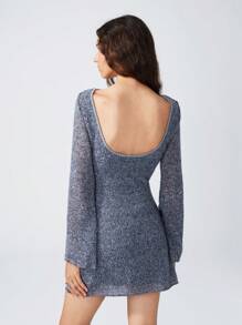 LYSMO 1pc Fashionable Fluffy Mini Back Cutout Dress, Autumn - Grey - View 2
