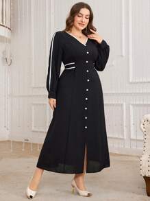 Modelyn Elegant V-Neck Plus Size Contrast Color Trimmed & Button Detail Dress Maxi Women Outfit - Black - View 6