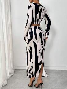 RosyDaze 2 件套女士弹力印花高领褶皱连衣裙，牛奶质感 - 杏色 - 查看 2