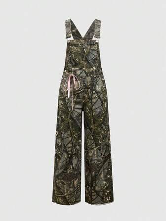 Grunge Punk Leaf Camouflage Retro Casual Bow Decor Women Denim Overalls And Jumpsuits