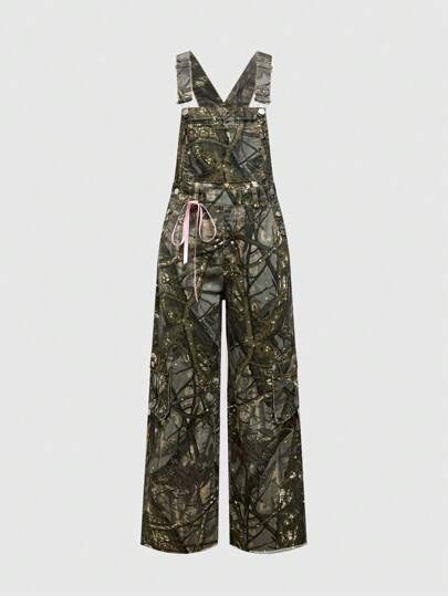 Grunge Punk Leaf Camouflage Retro Casual Bow Decor Women Denim Overalls And Jumpsuits