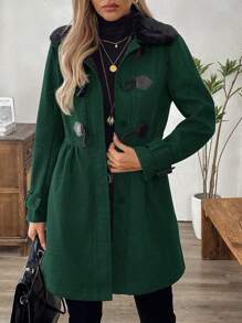 SHEIN LUNE 1 件女士休闲牛角扣大衣秋季日常外套 - 墨綠色 - 查看 3